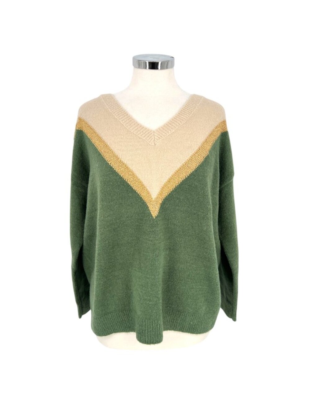 Aaron & Amber Chevron V-Neck Sweater Cabincore 70s Retro Beige Gold Green Medium